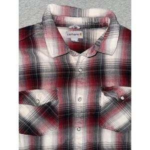 Carhartt Mens Plaid Flannel Pearl Snap Shirt Size XL Front Flat Pockets Workwear